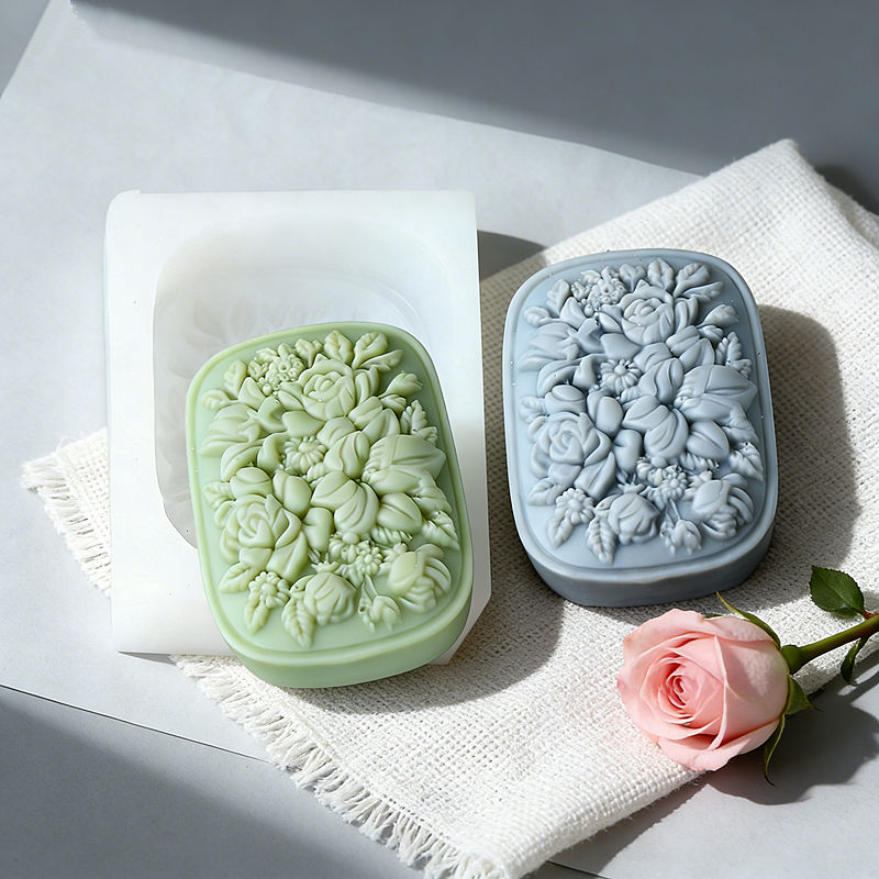 Soap Making Home - 정사각형 꽃무늬 실리콘 비누 몰드 (장미와